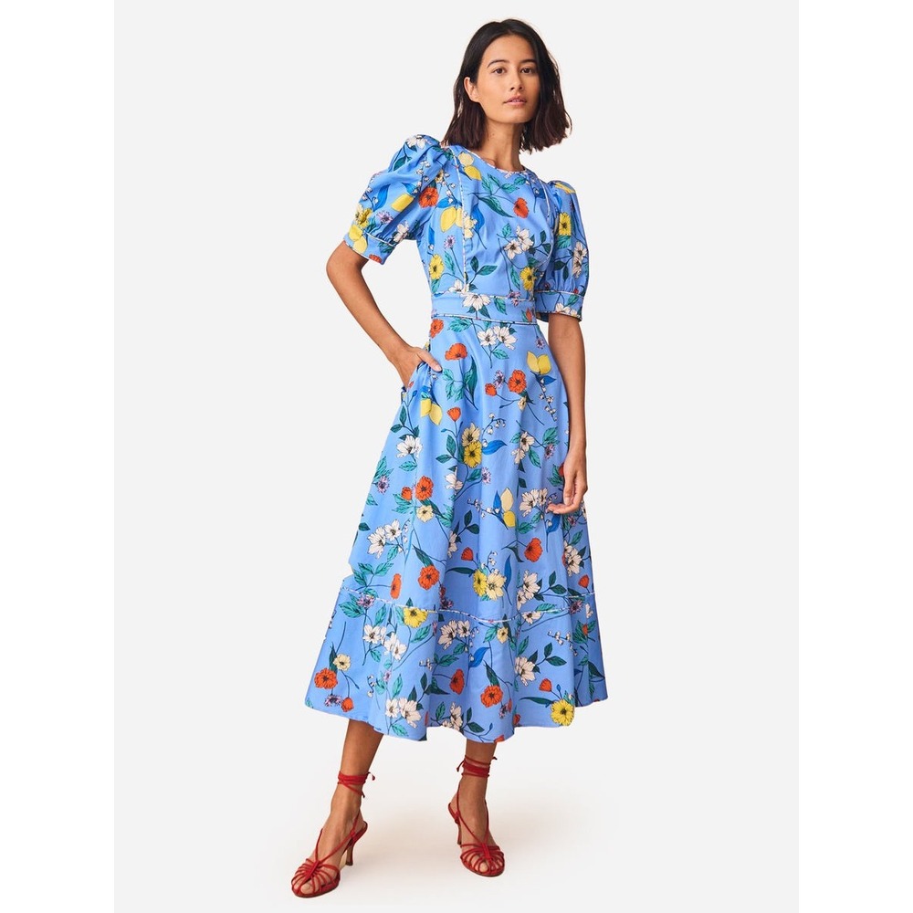 NWT Hunter Bell Thalia Dress Women 2 Blue Wildflower Floral Puff Sleeve Midi